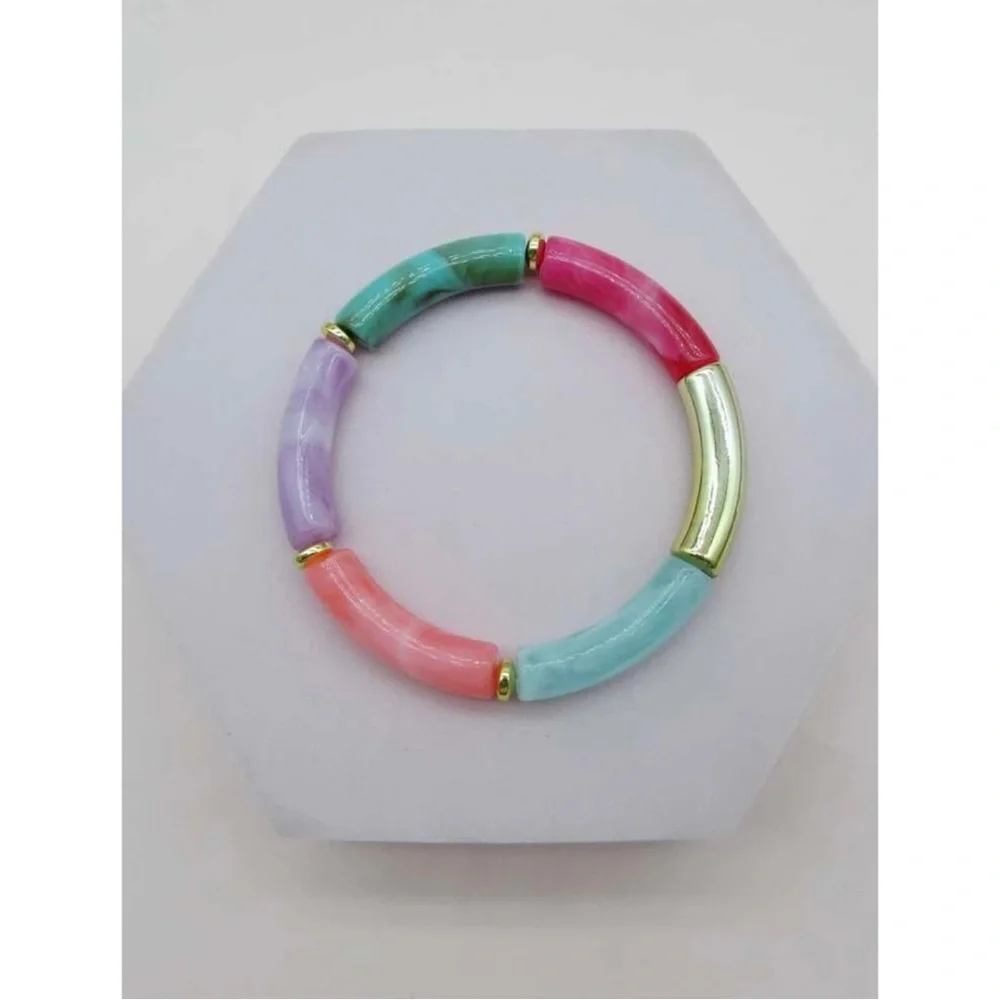 Colorful Tube Bead Bangle | Bamboo Style Stretch Bracelet
